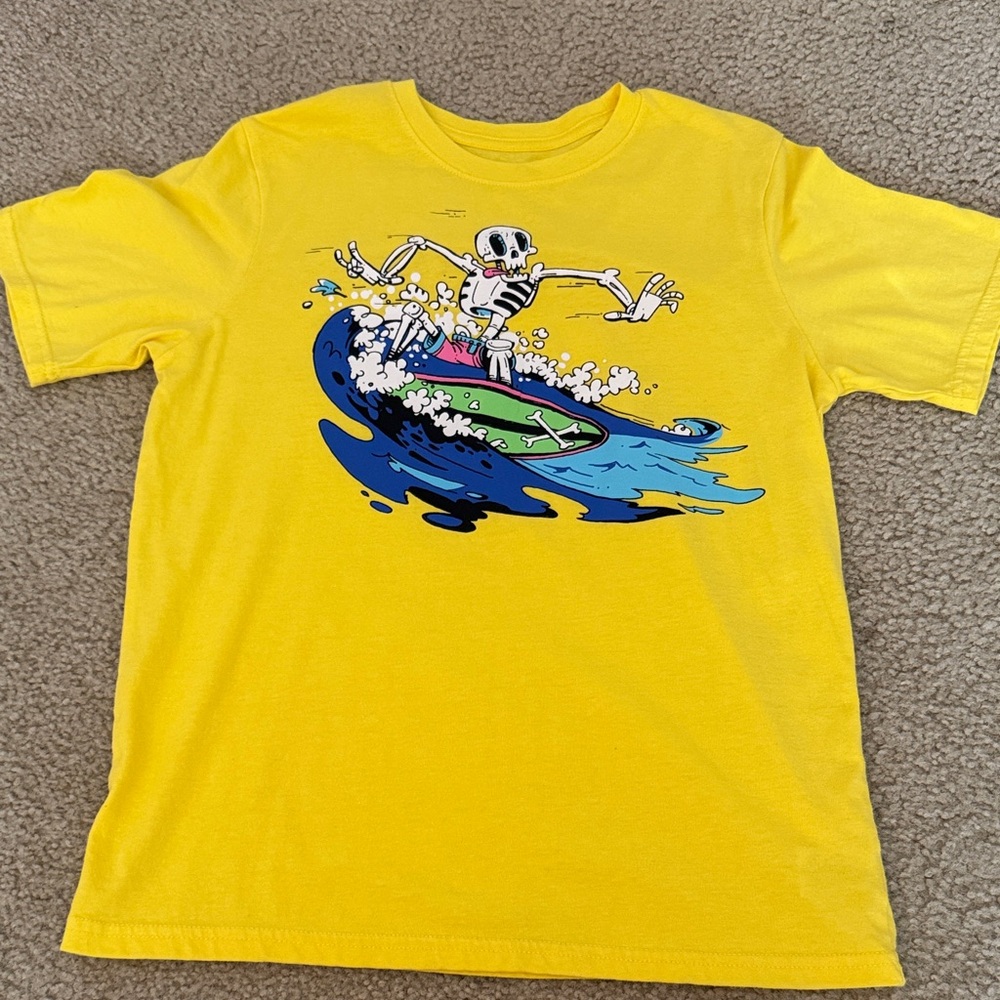 Yellow Boys surfing skeleton T-shirt